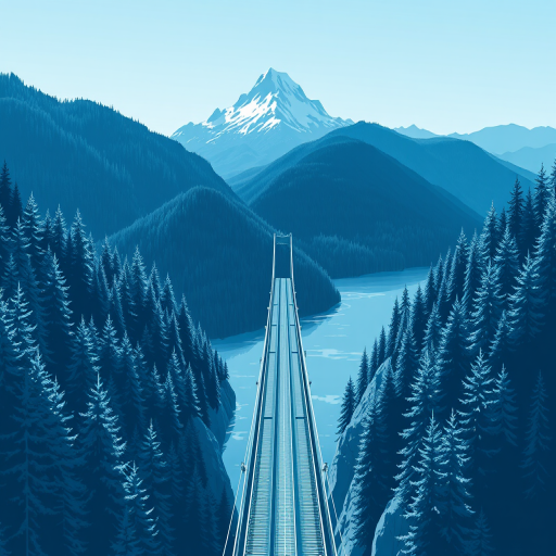 day, natural lighting, bridge focus, CandiBRIDGE, no humans, mountain, water, bridge, blue trees, from above, negative space, scenery, intricately detailed illustration, depth of field, atmospheric perspective, blue theme, monochrome