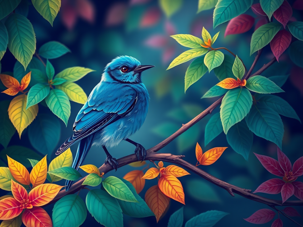 Create a vibrant illustration of a blue bird perched on a branch surrounded by various green leaves and colorful foliage, using a high-resolution digital art style with a soft focus, enhanced colors, and deep contrast, resembling a Canon EOS R5 with a 50mm lens at f/1.8, 1/200s shutter speed, and ISO 100.