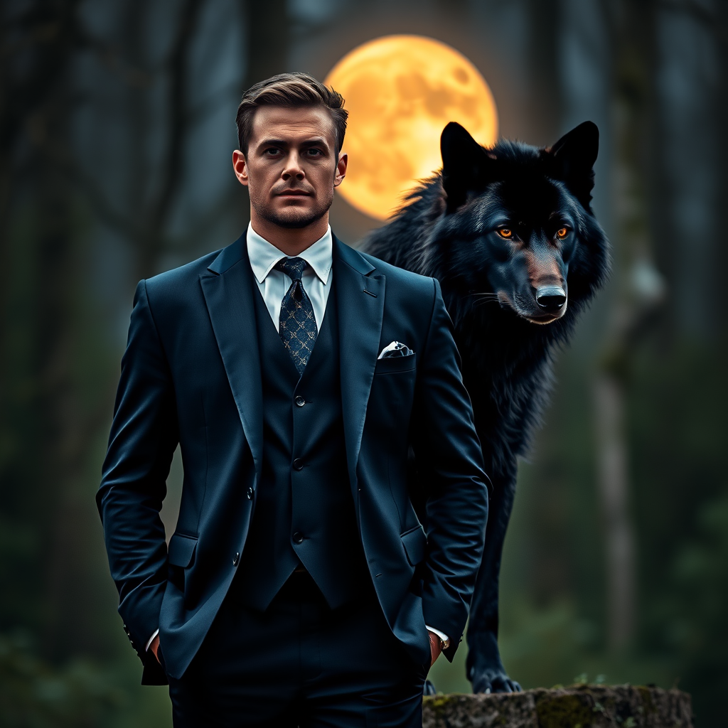 A sharply dressed man in a tailored navy suit stands confidently beside a large black wolf under a full moon in a forest setting, captured with a Canon EOS R5, 50mm lens, f/1.8 aperture, ISO 100, soft focus background, and subtle dramatic lighting to enhance details and textures.