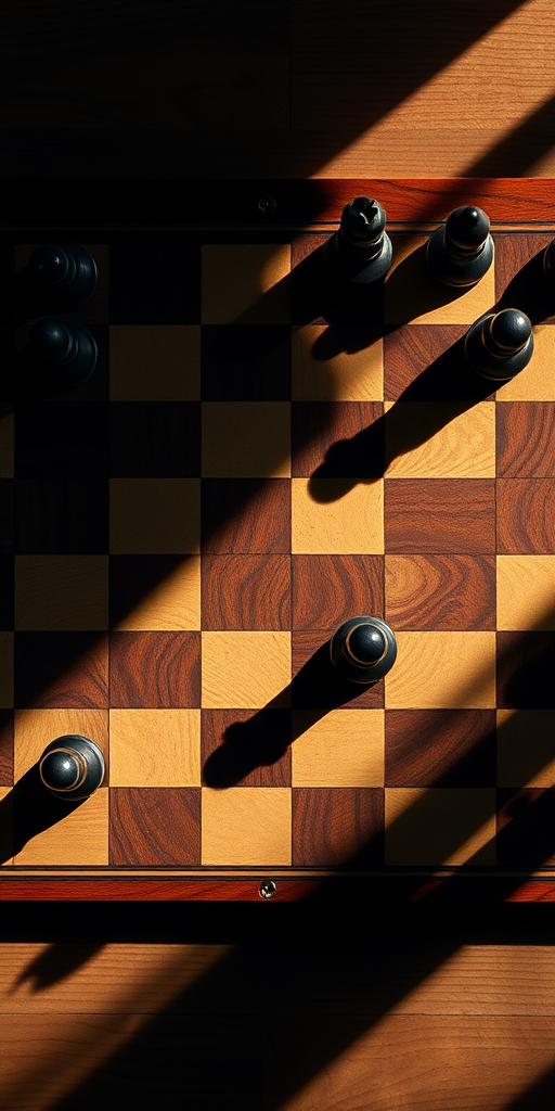 overhead view of a chessboard with shadow effects, 50mm lens, f/2.8 aperture, ISO 400, natural lighting, DSLR camera, realistic texture on wooden surface, high contrast for pieces