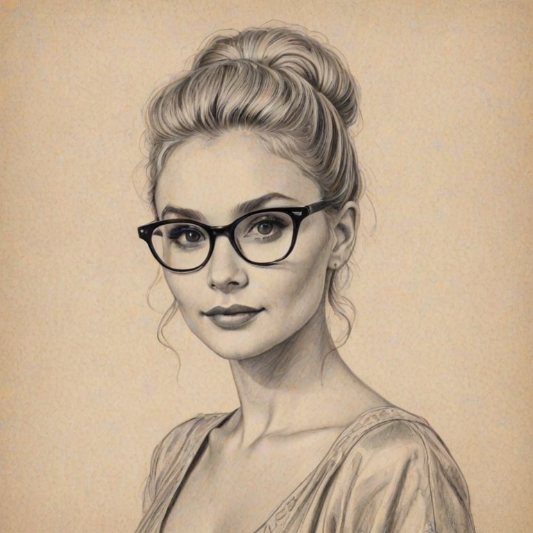 Gorgeous Clare Bowen, pencil sketch, portrait of Lovely woman 1954s in glasses, hair style beatnik, outline, clear lines, fine lines, 8k