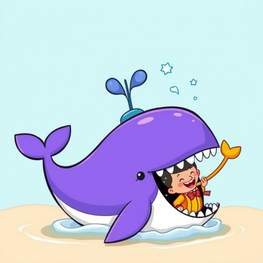 Create a cartoon-style illustration of a colorful whale with a purple body and a blue head, playfully spouting water, while a cartoon sailor in a yellow outfit is comically being 'eaten' by the whale's mouth, using a vibrant color palette and smooth outlines, shot with a digital camera at f/8, ISO 100, 24mm lens, in landscape view for sharp details and rich colors.