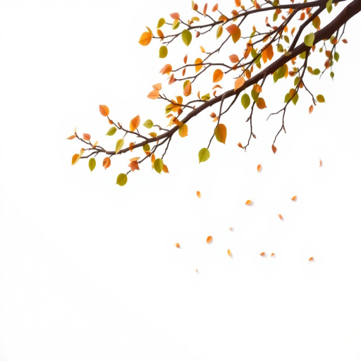 Create an illustration of a stylized tree branch with scattered leaves, capturing a minimalist design on a plain white background, shot with a DSLR camera at f/2.8, ISO 100, 50mm lens, in natural light with a soft focus effect.