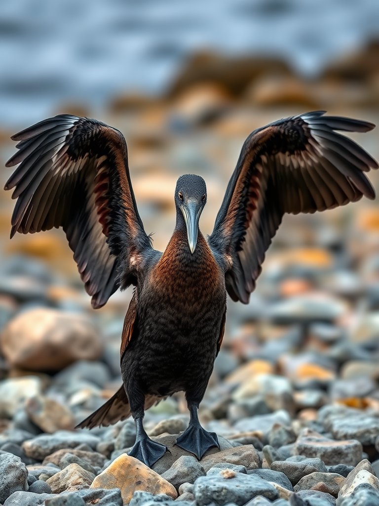 photograph of a cormorant displaying its wings on rocky shoreline, captured with a DSLR camera, 200mm lens, f/5.6 aperture, ISO 400, natural light, focus on the bird with a blurred background for depth, shot at eye level to capture detail in feathers.