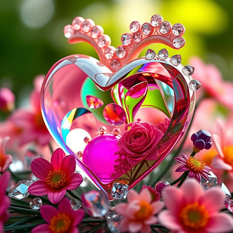 Create a vibrant 3D rendering of a heart made of glass and organic elements, surrounded by sparkling jewels and flowers, with a soft-focus background in green hues, using a Canon EOS R5, f/1.8 aperture, 24mm lens, and a macro view for intricate details.