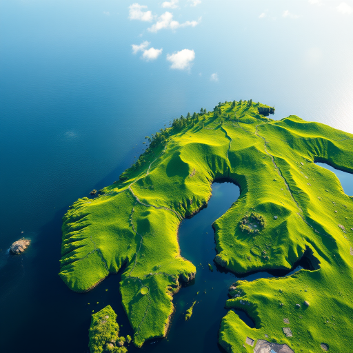 Generate a detailed map of Scandinavia with Iceland, showcasing lush green landscapes, using a DSLR camera with a 35mm lens, aperture set to f/8, ISO 100, shot from a high aerial perspective to enhance clarity and color vibrancy.