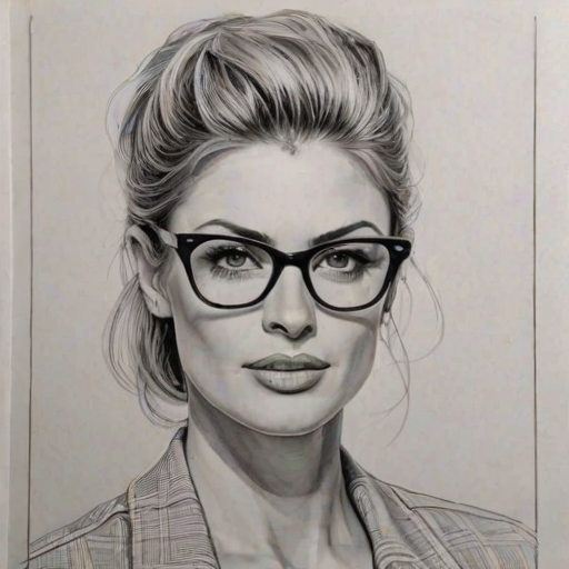Stunning Erin Andrews, pencil sketch, portrait of Sublime woman 1959s in glasses, hair style beatnik, outline, clear lines, fine lines, 8k