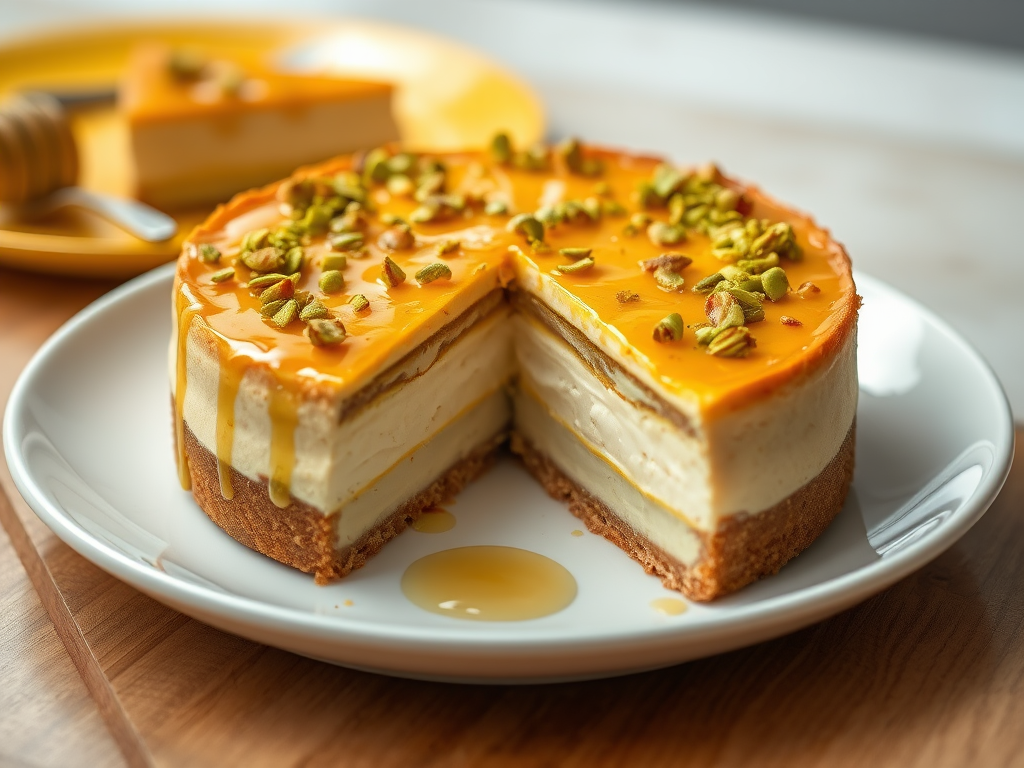 Create an image of a delicious layered cheesecake with a golden crust topped with crushed pistachios and a drizzle of honey served on a white plate with a slice cut out revealing the creamy layers inside and a vibrant yellow plate in the background.