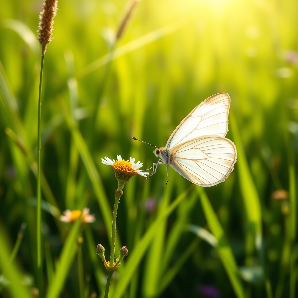 Create an image of a delicate white butterfly resting on a small flower in a lush green field. The background should be filled with tall grass and soft sunlight creating a serene atmosphere. Capture the intricate details of the butterfly's wings and the vibrant colors of the flowers.