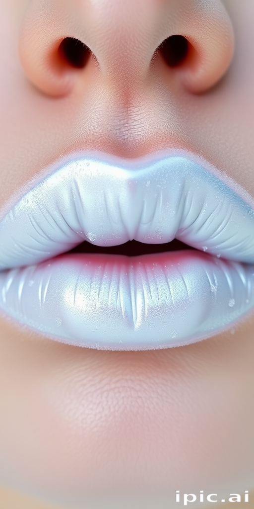 Frosted white lips with a pearlescent sheen, called "Arctic Whisper," featuring a cool undertone and a unique, snow-inspired aesthetic