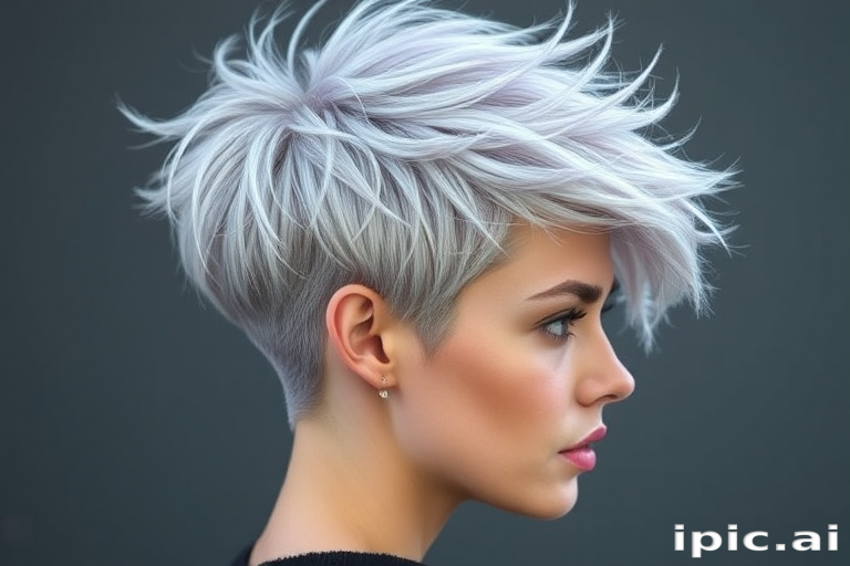 Striking silver pixie cut with dramatic swept-back volume and subtle lilac undertones, styled to resemble windswept feathers dubbed "Storm Chaser" radiating strength and dynamism