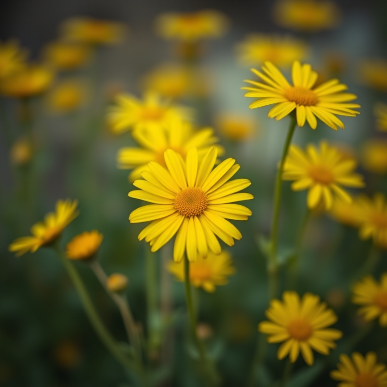 yellow daisies in full bloom with a blurred background, macro shot, f/2.8 aperture, 50mm lens, ISO 100, natural light, shallow depth of field, DSLR camera