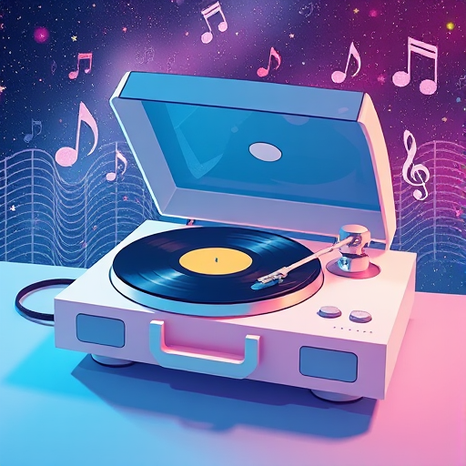 Create a whimsical illustration of a pastel-colored turntable with open lid and vinyl record, surrounded by floating musical notes, set against a dreamy galaxy background, captured with a DSLR camera at f/2.8 aperture, 50mm lens, shot from a high-angle view with soft focus to enhance depth.