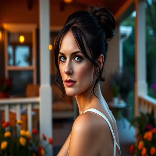 A photo of Nicole Kidman with a background of a cozy porch. She has dark hair pulled back in an updo, with tendrils framing her face. She wears a white tank top and sits on the porch. The porch is part of a well-lit home with a warm, earthy tone and colorful flowers and foliage. The overall scene has a warm, welcoming, and comfortable ambiance.