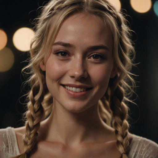 cinematic film still shot of 1woman,   perfect  body,  braids hair with bangs , blonde, , delicate  smile,  one eye closed, close shot, dark background, bokeh, vibrant,  dim light, dutch angle,