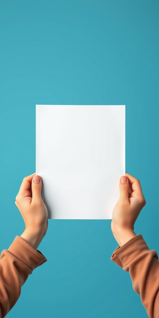 Create an image of a blank white sheet being held by two cartoonish hands, set against a vibrant blue background, using a Canon EOS R camera at f/4.0 aperture, 1/60 shutter speed, with a 50mm lens, in a well-lit studio environment to enhance clarity and detail.
