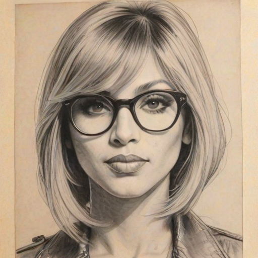 Delightful Cathy Guetta, pencil sketch, portrait of Appealing woman 1934s in glasses, hair style beatnik, outline, clear lines, fine lines, 8k