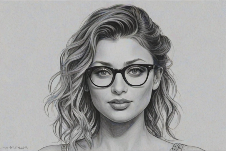 Enchanting Aly Michalka, pencil sketch, portrait of Enticing woman 1928s in glasses, hair style beatnik, outline, clear lines, fine lines, 8k
