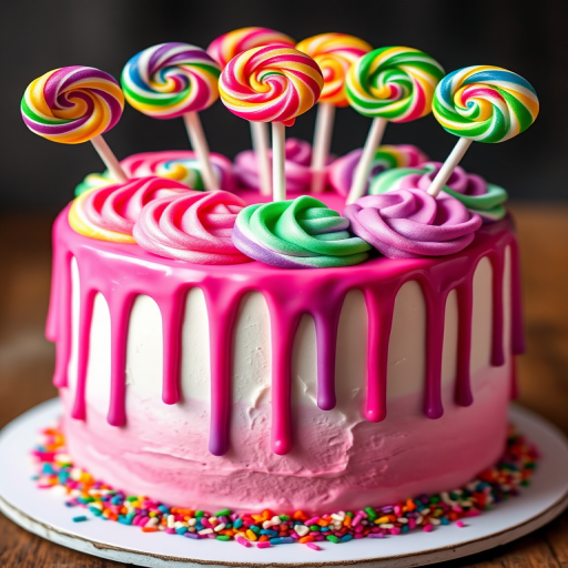 Create a colorful birthday cake with a smooth white frosting covered in vibrant dripping icing in shades of pink, purple, and green. Top the cake with various swirled lollipops in bright colors and add a sprinkle border around the base.