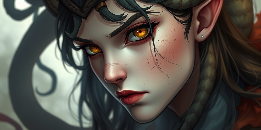 Create a high-resolution illustration of a mythical figure with serpentine hair and an enigmatic expression, captured with a digital camera at a focal length of 50mm, aperture set to f/2.8, and ISO 100, using a soft focus style to enhance detail and depth.