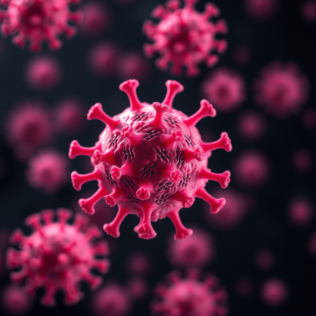 Close-up macro shot of pink virus particles in a dark background, 50mm lens, f/8 aperture, ISO 100, 1/200 sec, using a DSLR camera with high dynamic range settings.