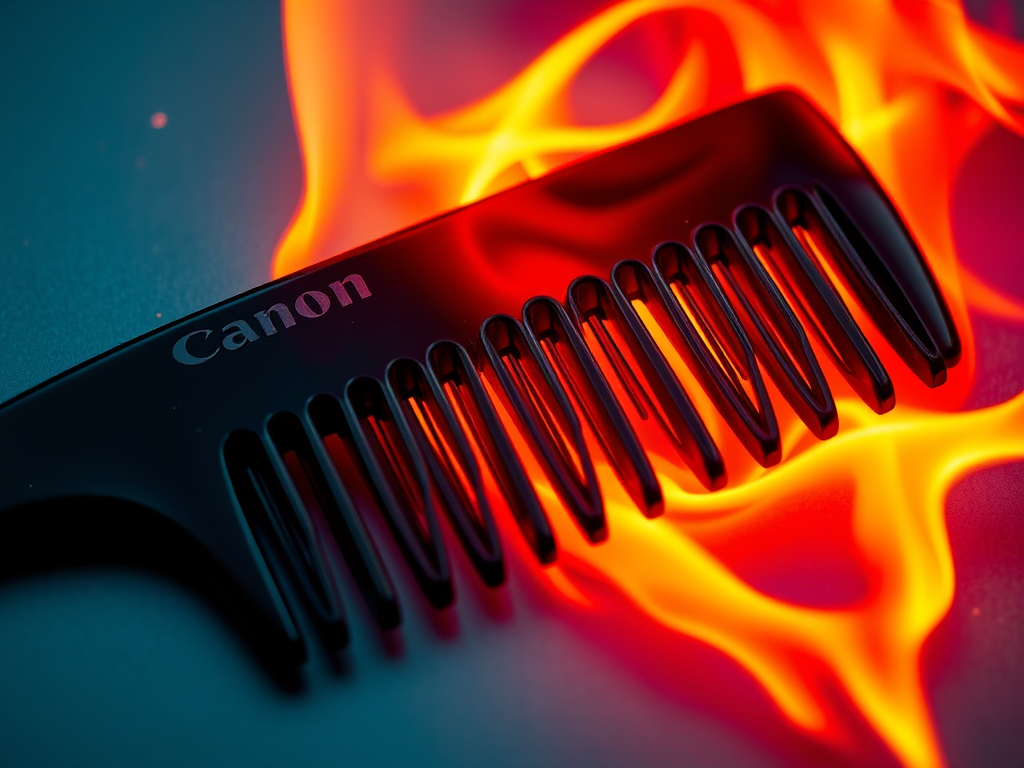 Generate a stylized image of a comb combined with vibrant flames, use a Canon EOS R5 camera, set aperture to f/4, shutter speed 1/200s, ISO 100, with a close-up view, using a flat lay perspective and vivid colors for visual impact.