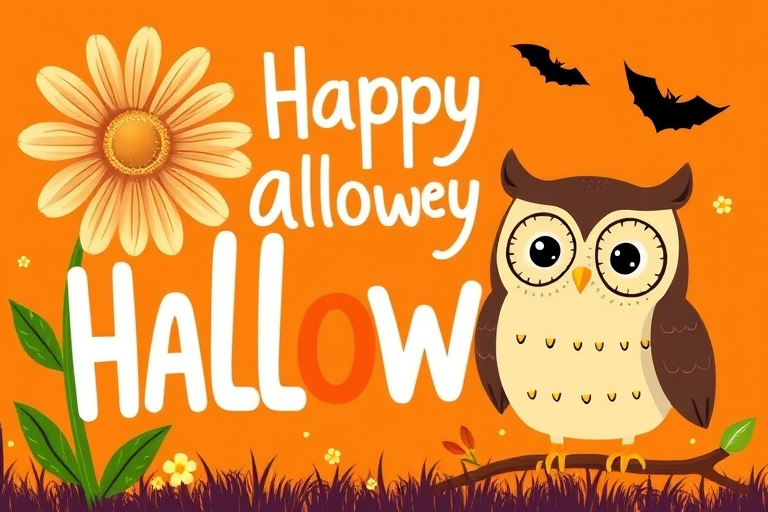 Create a Halloween-themed illustration featuring the words "Happy Halloween" with a whimsical font, a large daisy flower on one side, and a cute owl with big eyes on the other side, captured using a DSLR camera with a 50mm lens, f/2.8 aperture, ISO 100, in portrait view and a playful, cartoonish style for enhanced vibrancy and clarity.