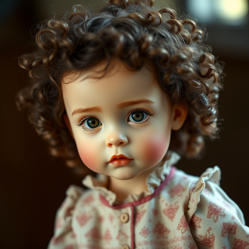 Generate a portrait of a doll-like child with expressive eyes and unique curly hair, wearing a vintage dress with intricate patterns, captured with a Canon EOS R5, 50mm lens, f/1.8 aperture, 1/100 sec shutter speed, soft diffused lighting, shallow depth of field, centered composition.