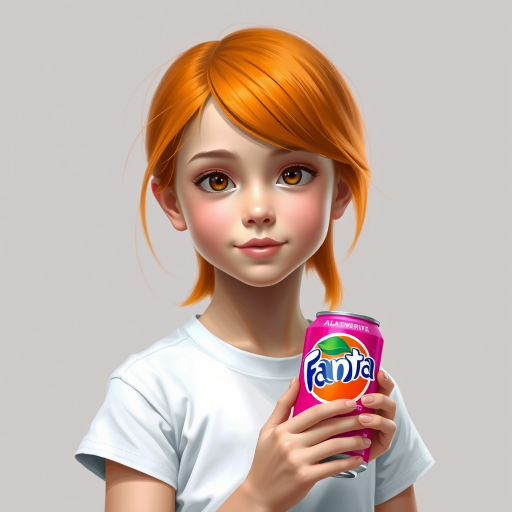 3D painting portrait of a young girl, orange hair, wearing white t-shirt, holding a can of Fanta. simple grey bg. vibrant color.