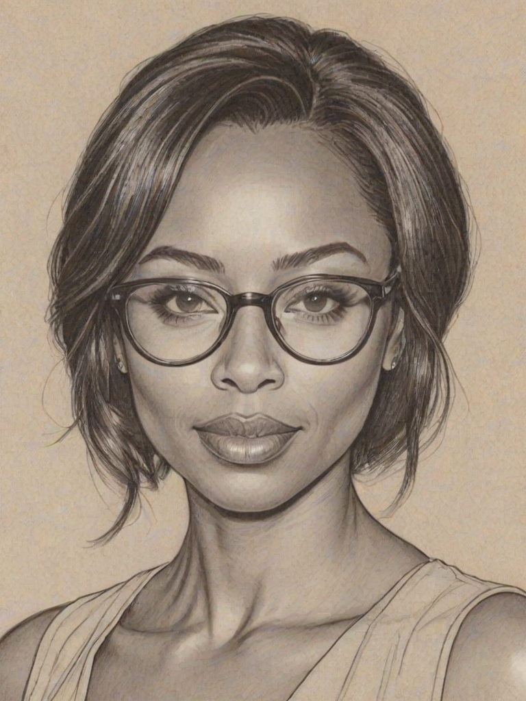 Superb Erica Ash, pencil sketch, portrait of Comely woman 1971s in glasses, hair style beatnik, outline, clear lines, fine lines, 8k