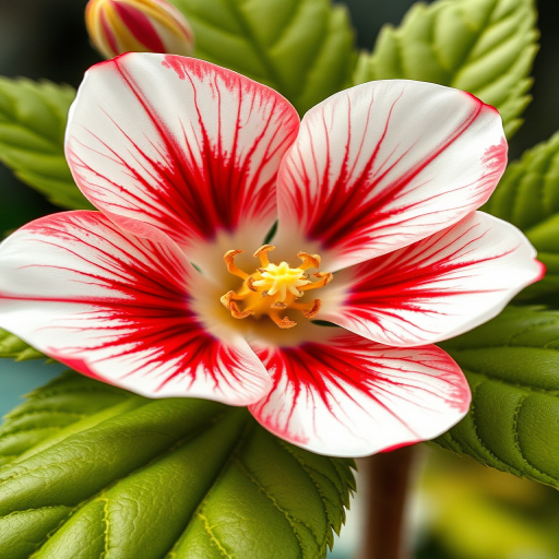 Regenerate a detailed botanical illustration of a white and red flower with green leaves, using a macro lens at f/2.8 aperture, 50mm focal length, natural lighting, and a soft focus style to enhance color vibrancy and depth.