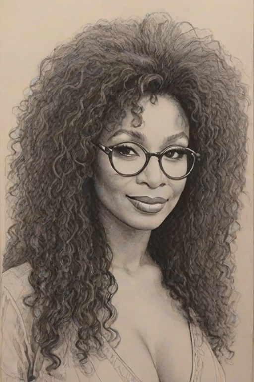 Dazzling Chaka Khan, pencil sketch, portrait of Alluring woman 1934s in glasses, hair style beatnik, outline, clear lines, fine lines, 8k