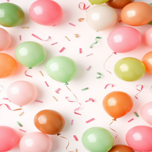 Create a seamless pattern design featuring colorful balloons in shades of pink, green, and brown against a white background, with confetti decorations and curly ribbons, captured with a Canon EOS 5D Mark IV, ISO 100, aperture f/8, 50mm lens, top-down view, studio lighting to enhance color vibrancy and texture.