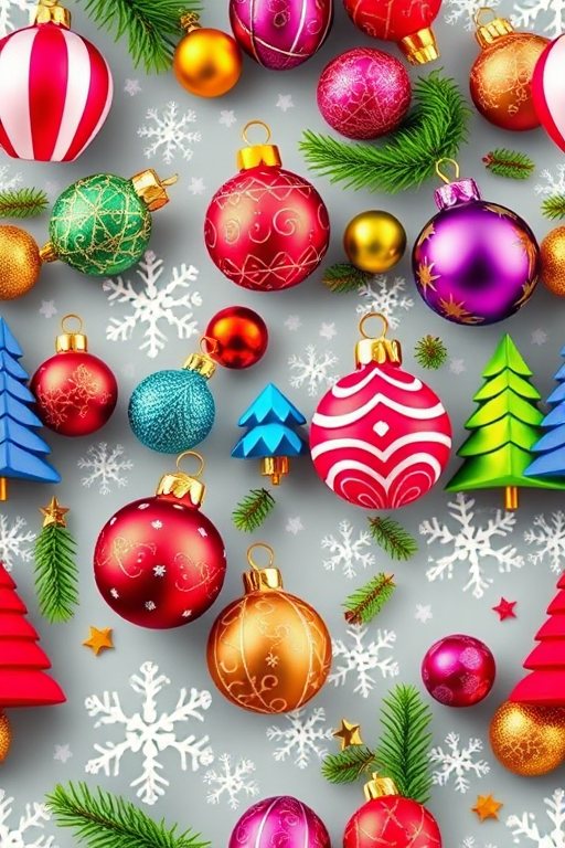 Create a vibrant, seamless pattern featuring colorful Christmas ornaments, trees, and snowflakes, captured with a macro lens, f-stop at 4.0, ISO 100, in a soft-focus style, using a DSLR camera for high detail and clarity.