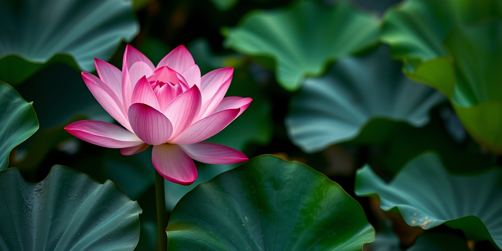 A vibrant pink lotus flower blooming amidst dark green leaves in a serene pond, shot at f/2.8 aperture for a shallow depth of field, ISO 200 for low grain, using a 50mm lens, and a macro photography style to enhance details and textures, natural lighting for a soft glow.