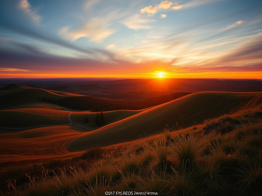 Generate a high-resolution image of a serene landscape with rolling hills and a vibrant sunset sky, captured with a Canon EOS R5, 24mm lens, aperture f/8, ISO 100, at golden hour, using a wide-angle perspective.