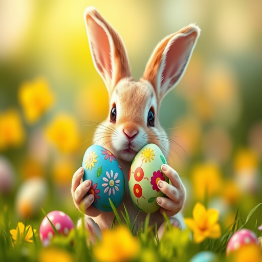 Create a colorful illustration of a cute bunny holding decorated Easter eggs, in a bright and vibrant style, captured with a DSLR camera at f/2.8, ISO 200, 50mm lens, with a soft focus background to enhance the bunny's features.