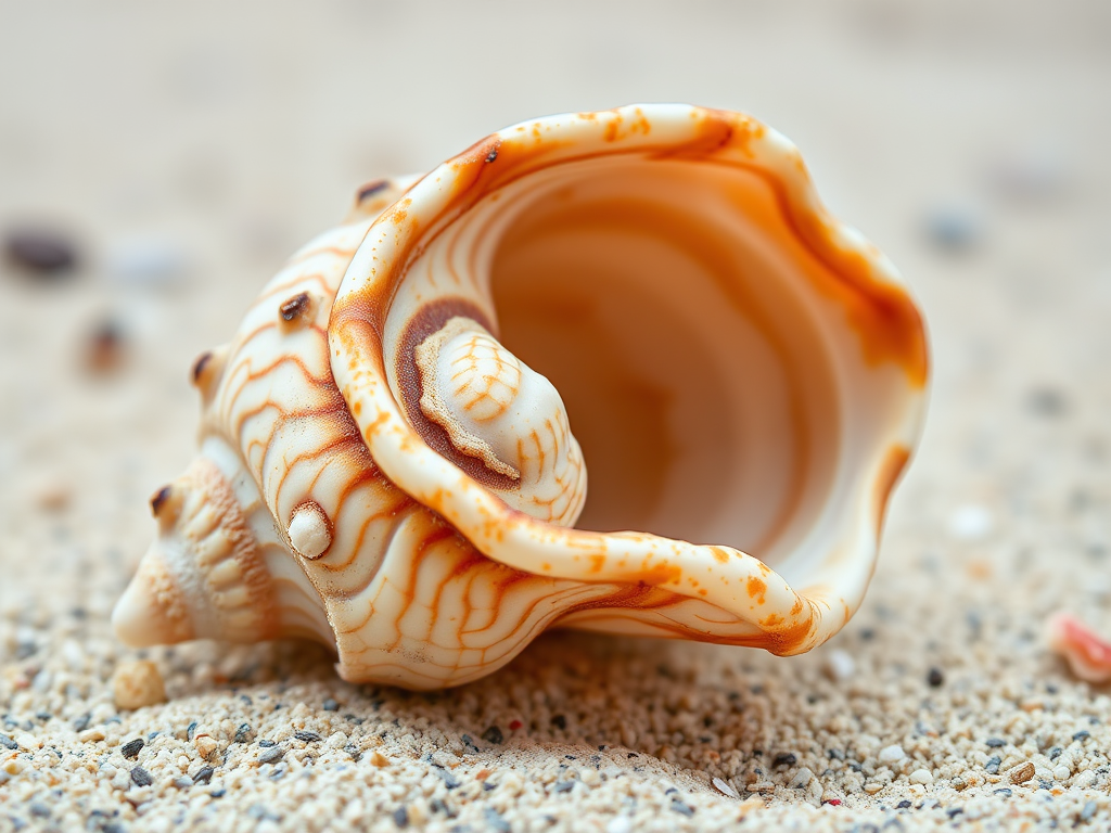 Capture a close-up view of a beautifully textured seashell with intricate patterns, natural lighting, using a macro lens, aperture set to f/8, ISO 100, shutter speed 1/200s, on a DSLR camera.