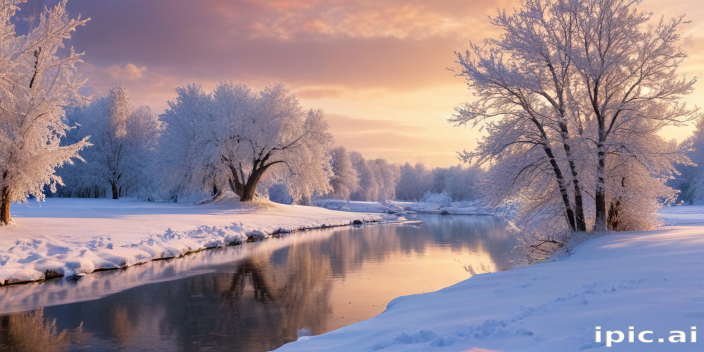 A Serene Winter Landscape with Frosted Trees and a Tranquil River.