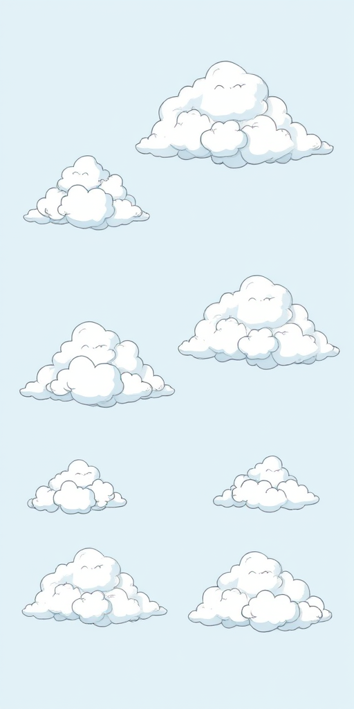 Create a set of cartoon-style cloud illustrations on a light blue background, using a Canon EOS R5 camera, aperture f/8, ISO 100, and a 50mm lens to ensure high clarity and detail in the clouds.