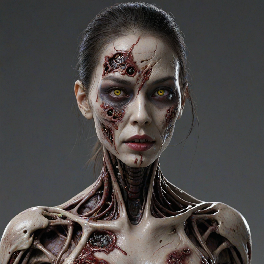 (perspective) of A creepy (ethnicity) zombie cyborg with (descriptive color) skin, (color) lipstick (color) liquid flowing from her eyes and mouth, (perspective two) portrait, (camera angle), extremely detailed, (art style) in the style of Yoshitaka Amano and Tetsuo Hara. --ar 85:128 --style raw --niji 6