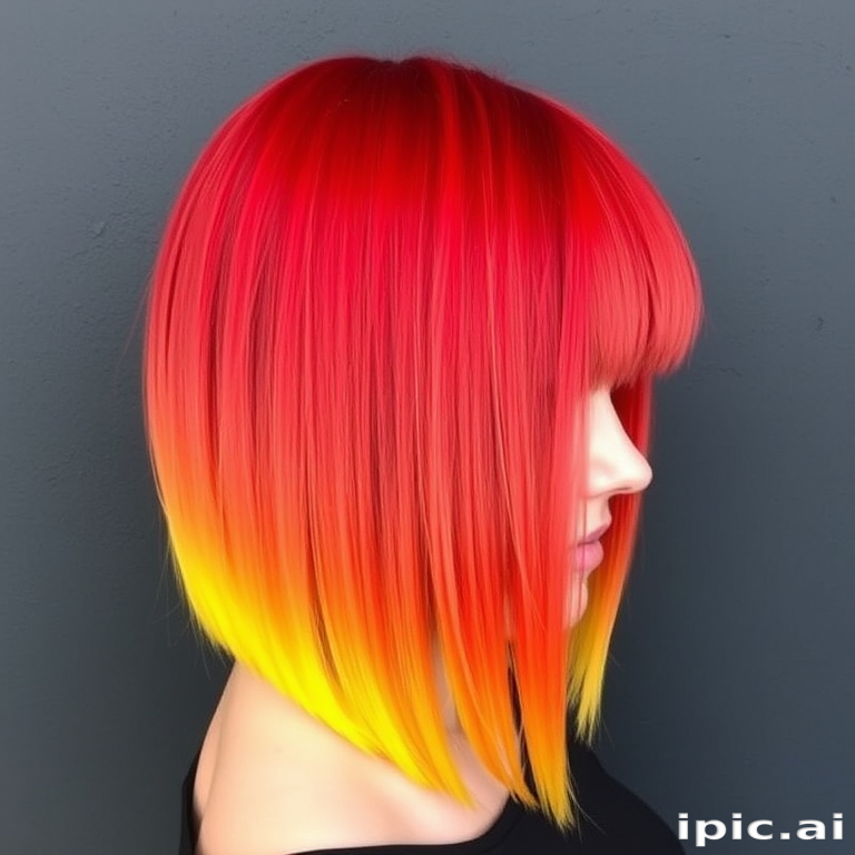 Fiery red ombre hair transitioning to bright yellow tips, styled in a sleek and straight bob with blunt bangs, creating a bold and eye-catching look reminiscent of flames called Phoenix Plumage