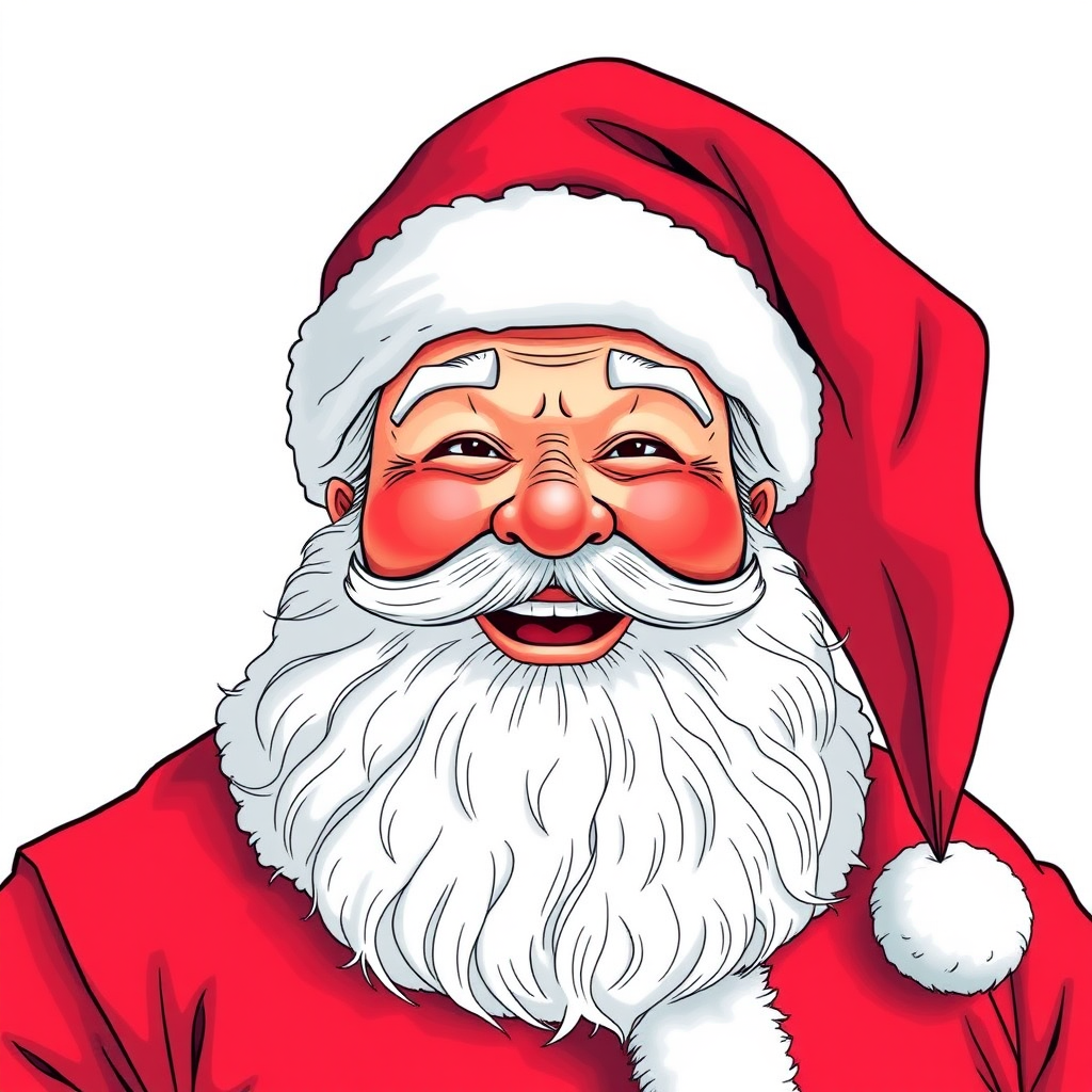 Create a detailed illustration of Santa Claus with a joyful expression, wearing a classic red suit and hat, with intricate lines showing his beard and facial features, shot with a DSLR camera at f/2.8 aperture, ISO 100, 100mm lens, natural lighting, portrait orientation.