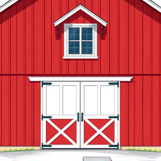 Create a high-resolution illustration of a red barn with a symmetrical gable roof, four-paneled white doors, and a large window above the doors, captured in a straight-on view using a DSLR camera set to f/8 aperture, ISO 100, shutter speed 1/125s to enhance clarity and detail.