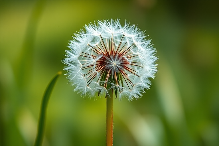 Create a high-resolution image of a stylized green dandelion plant standing tall with detailed textures and sharp contrast, taken with a DSLR camera at f/4, ISO 100, shutter speed 1/200s, from a low angle perspective with a soft focus background to enhance depth of field.