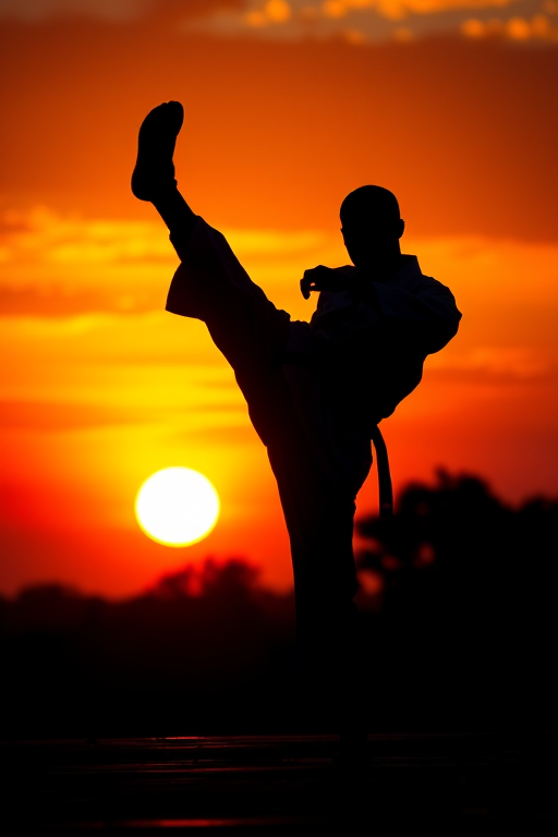 high-quality silhouette of a karate person performing a kick against a vibrant sunset background, using a Canon EOS R5 with a 50mm lens, aperture f/1.8, ISO 100, shutter speed 1/250 seconds, in landscape orientation, capturing dramatic colors and sharp contrast.