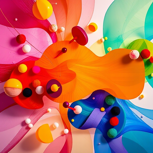 Create an abstract image featuring a vibrant color palette with dynamic shapes and patterns, shot with a Canon EOS R5, 50mm lens, aperture f/1.8, ISO 100, 1/200s shutter speed, in a top-down view for depth and clarity.