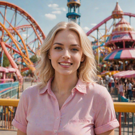 realistic image of a blonde woman, she is in an amusement park, she is wearing a pink shirt