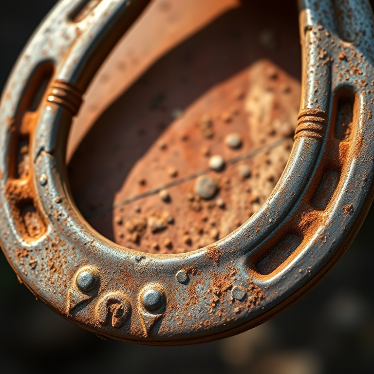 Create a detailed image of a horseshoe with a rusty metallic texture, close-up view, using a DSLR camera at f/2.8 aperture, ISO 100, 50mm lens, natural lighting for enhanced detail and clarity.