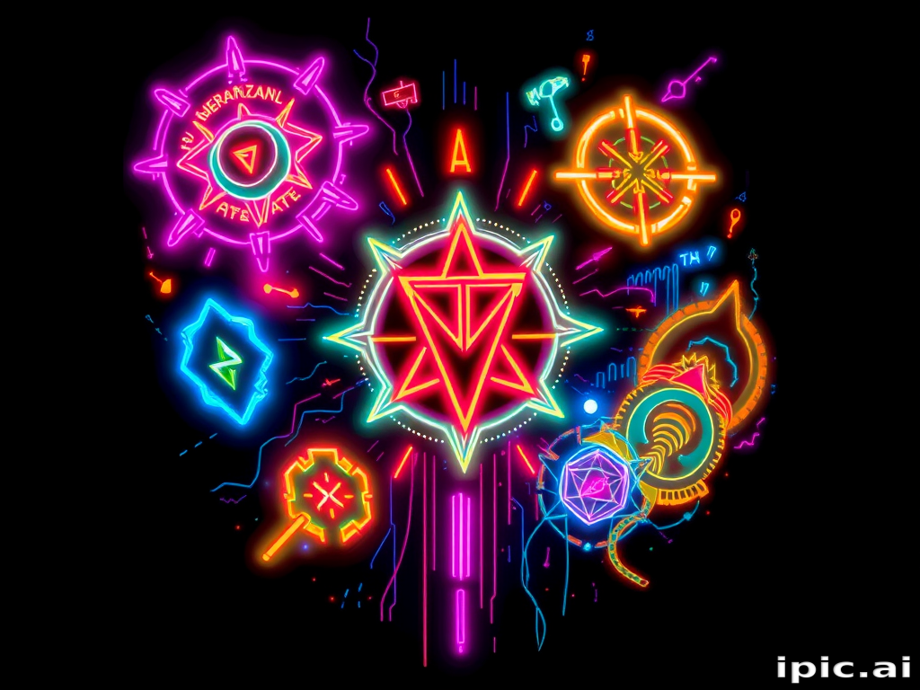 Neon-inspired tattoo titled "Electric Dreams" depicting luminous cyberpunk elements and futuristic symbols glowing against a dark background with pulsating colors and dynamic energy